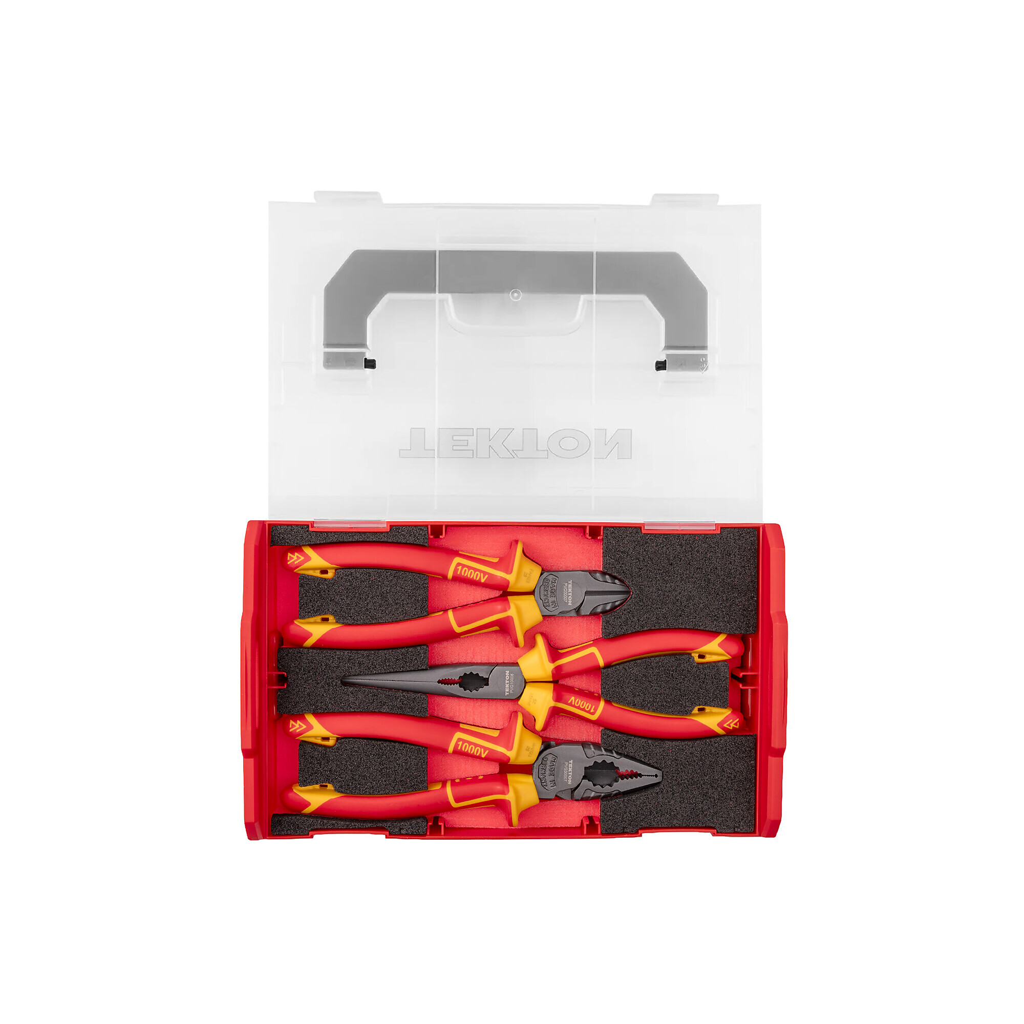 TEKTON Insulated Pliers Set with Mini Stacking Tool Box, 3-Piece (Combination, Long Nose, Diagonal Cutting) | PLR96002